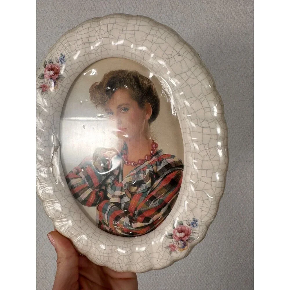 Vintage 90s Ceramic Crackle Glass Oval Picture Frame 5x7 Floral Cottagecore NEW!